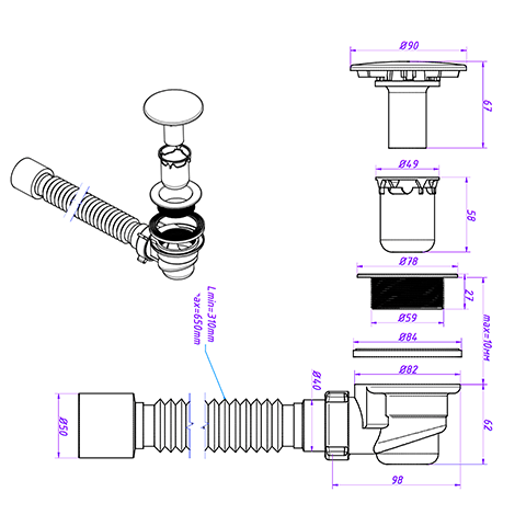 DX-602 Сифон для душ. поддона ОРИО 1 1/2х60, высота h=71мм, пластик/хром, с гибк. труб.